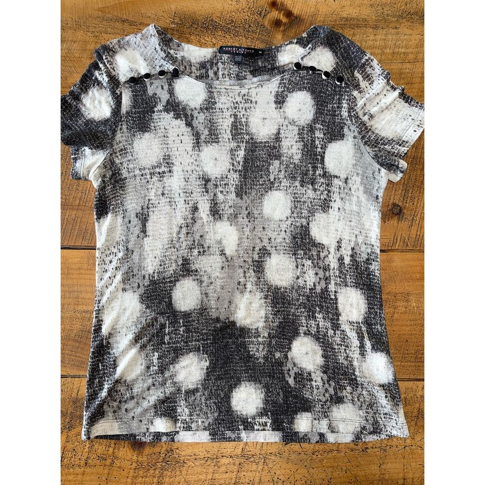 Womens Robert Kitchen Canada Black White Dot Soft Stretchy Buttons Blouse M